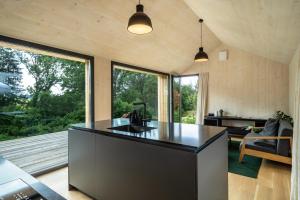 eine Küche mit einer schwarzen Kochinsel in einem Haus in der Unterkunft Tiny House Lachen in Wangen im Allgäu + 17 Fotos