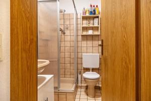 a bathroom with a toilet and a sink and a shower at Günthers Wattstube in Schweiburg +8 photos