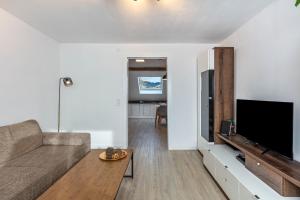 a living room with a couch and a flat screen tv at Ferienwohnung am Blitzgi in Wehr