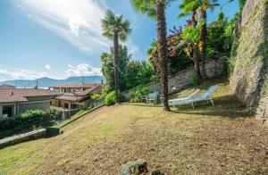 a yard with a bench and palm trees at Central Penthouse Luino in Luino