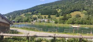 a river with a wooden fence next to a mountain at Studio Appartement Grand Serre in La Morte +7 photos