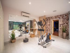 a gym with treadmills and exercise equipment in a room at Prestigieuse Villa Spa 2 Piscines in Saint-Gély-du-Fesc