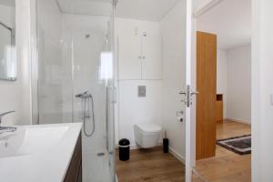 a bathroom with a shower and a toilet and a sink at Monte Dos Pastorinhos in Fátima +25 photos