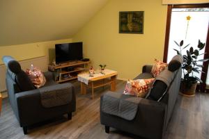 a living room with two chairs and a tv at Fewo-rosenberger-sauerland in Lennestadt