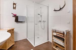 a bathroom with a shower with a glass shower stall at Bachguthof in Silandro +30 photos
