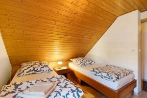 two beds in a room with a wooden ceiling at Ferienhaus Schmalzgrube in Jöhstadt