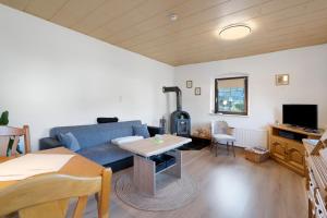 a living room with a blue couch and a table at Ferienhaus Schmalzgrube in Jöhstadt