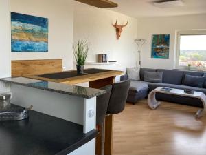 a kitchen and living room with a blue couch at Dmon-Home in Tettnang