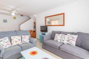 a living room with a gray couch and a mirror at Edificio Menorca in Balcon del Mar