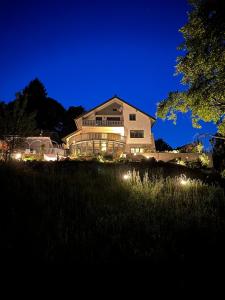 a house at night with lights in the grass at Auerer Retreat in Frauenau