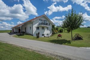 a white house on the side of a road at Ferienhof Weber Ferienwohnung Buche in Neukirch