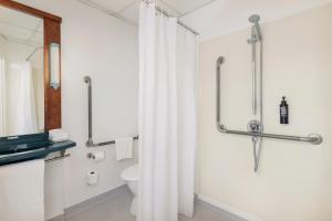 a bathroom with a shower curtain and a toilet at ibis Wellington in Wellington +47 photos