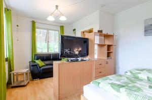 a bedroom with a bed and a tv and a couch at Heizmannshof in Hofstetten
