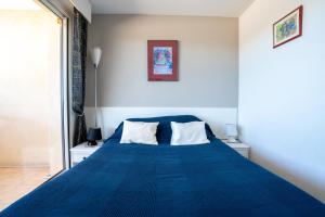 a bedroom with a blue bed with a blue blanket at Appartement clim piscine garage in Le Grau-du-Roi +14 photos