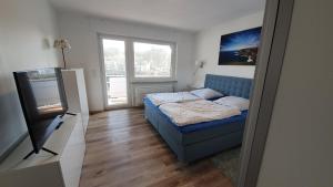 a bedroom with a bed and a television in it at Rothaarsteig Ferienhaus in Kirchhundem