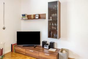 a living room with a flat screen tv on a wooden entertainment center at Haus Regina in Löffingen