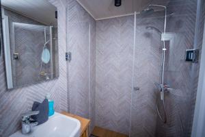 a bathroom with a shower and a sink at Naturerlebnis Hausboot Frigga Woma in Fürstenberg +6 photos