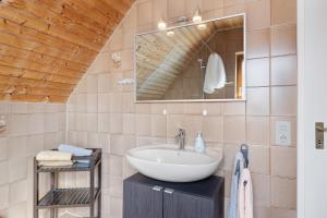 a bathroom with a sink and a mirror at Gästehaus Perlmuschel in Iznang +59 photos