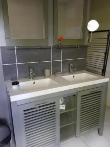 a bathroom with a sink and a mirror at Gîte De Ty Louti in Plouyé +20 photos