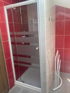 a glass shower in a bathroom with red tiles at Loft Grand Confort Avec Piscine in Montalzat +5 photos