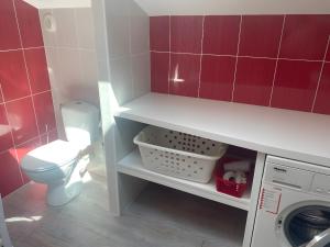 a bathroom with a toilet and a washing machine at Loft Grand Confort Avec Piscine in Montalzat