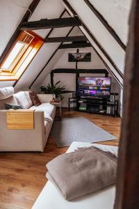 a living room with a couch and a tv at Lauterbach im Herzen der Altstadt in Lauterbach