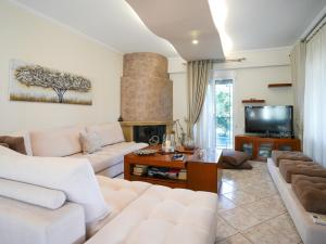 a living room with a couch and a fireplace at Villa Elysian in Antimácheia