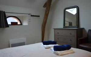 a bedroom with a bed with a mirror and a dresser at Chambres D'hôtes Le Fer À Cheval in Montreuil-sur-Maine