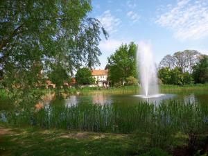 a fountain in the middle of a pond at Haus am Markt Fewo 2 in Schöningen