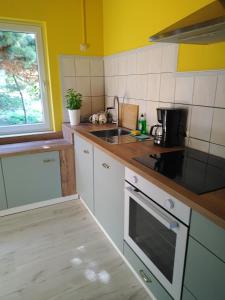 a kitchen with a sink and a stove top oven at Haus im Grünen in Calau +10 photos