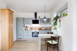 a kitchen with a table and chairs in a room at Am Rothen Hang in Oberelsbach