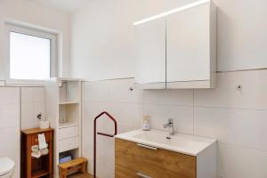 a white bathroom with a sink and a toilet at Am Rothen Hang in Oberelsbach +19 photos