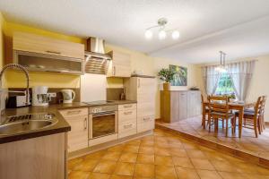 a kitchen with a sink and a table at Teichmühle - Vogtland Chalet in Bad Brambach