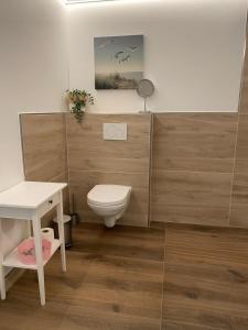 a bathroom with a toilet and a table and a desk at Ferienwohnung Auf dem Hohm in Holssel