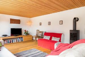 a living room with a red couch and a flat screen tv at Ferienhaus am Berg in Hirschau