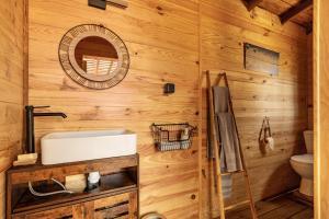 a bathroom with a sink and a mirror at Les Chouchous du Garthieu in Hourtin