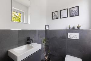 a black and white bathroom with a sink and a toilet at Ferienwohnung Viedenz in Drolshagen +22 photos