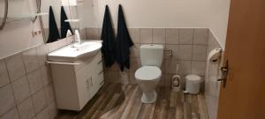 a small bathroom with a toilet and a sink at Käfer A in Waldbrunn