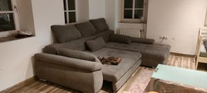 a living room with a brown couch and a table at Käfer A in Waldbrunn