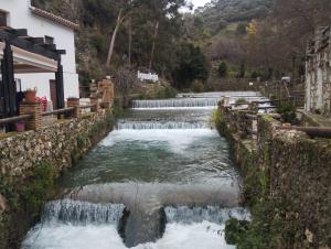 a river with a waterfall next to a building at Alojamiento Patricia in Igualeja