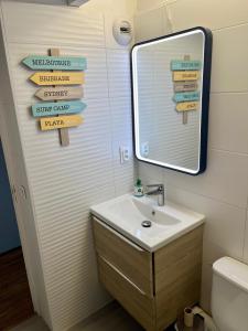a bathroom with a sink and a mirror at Superbe Appartement Vue Océan in Capbreton +19 photos