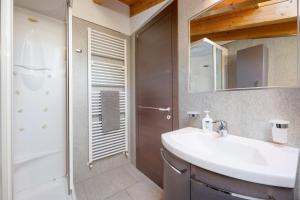 a bathroom with a sink and a shower and a mirror at Il Nido Del Colibrì in Stazzona