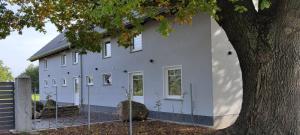 a white house with a tree in front of it at Kleine Auszeit 1 in Forst