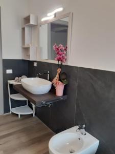 a bathroom with a sink and a toilet and a mirror at Appartamento Marilu Lake View in Brenzone sul Garda +12 photos