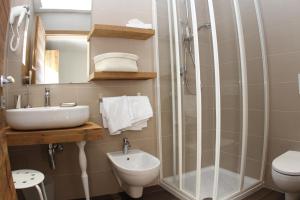 a bathroom with a shower and a sink and a toilet at Fedaia Joy Bnb in Canazei +38 photos