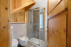 a bathroom with a shower and a toilet and a sink at Les Cles - Achillea in Valsavarenche +22 photos