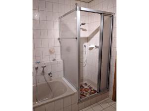 a shower with a glass door in a bathroom at Mayntz' Albjuwel in Meßstetten +24 photos