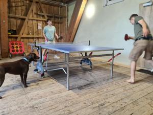 a man and a dog standing next to a ping pong table at Ferienhaus Wendelhof in Eisenbach