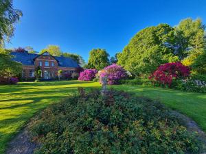 a house with a yard with pink flowers at Ferienwohnung Haloi in Torsballig