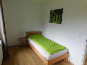 a bedroom with a bed with a green blanket on it at Clausberg Ferienwohnungen in Gerstungen